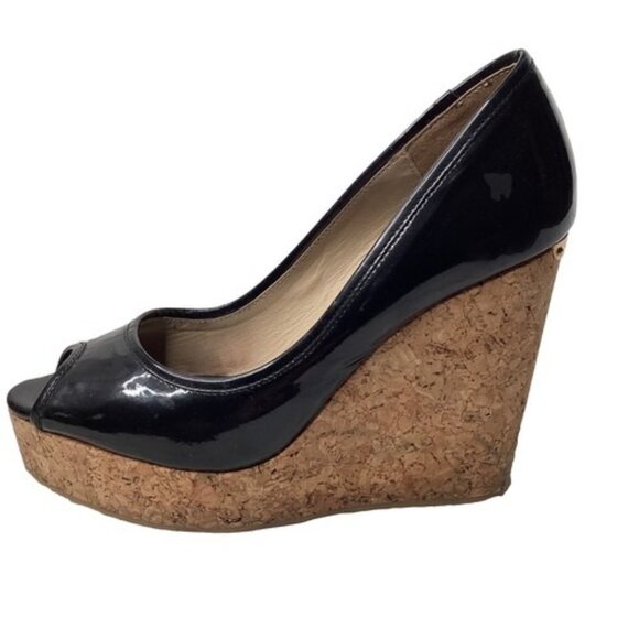 Jimmy Choo Black Patent Cork Wedge Peep Toe Heels Shoes 38.5 EU / US 8.5 - Picture 6 of 8